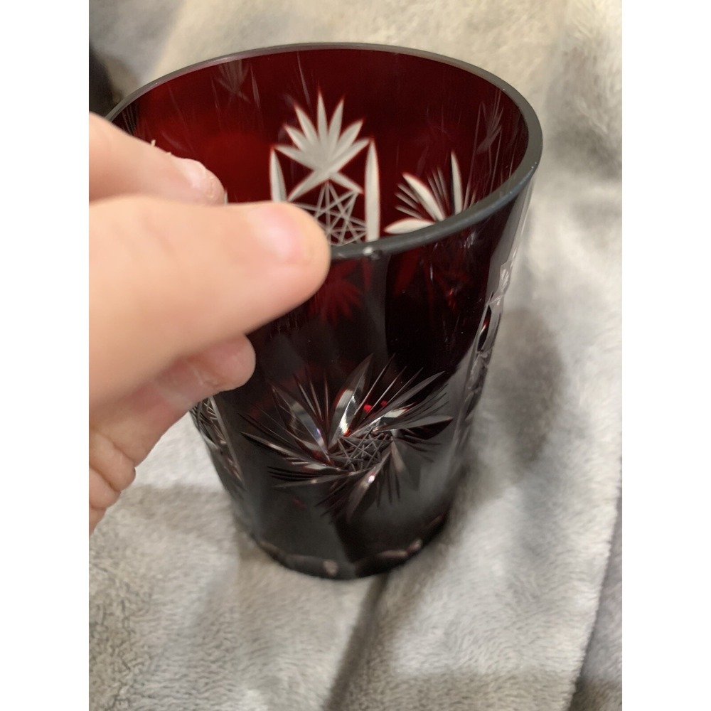 SET OF 4 RUBY RED BOHEMIAN CRYSTAL CUT TO CLEAR WHISKEY TUMBLER BAR GLASSES - Picture 6 of 14